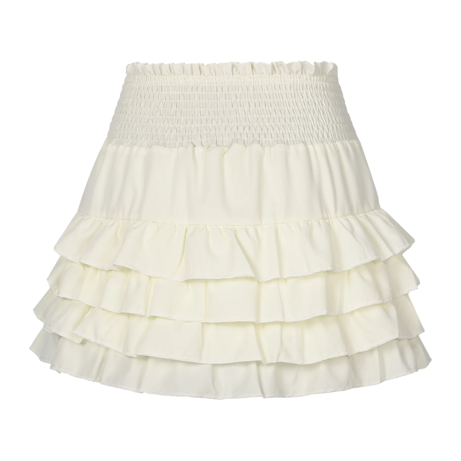 

Womens Tiered Ruffles Skirt Casual Sold Color High Waist Wide Elastic Waistband Frilly Skirts Built-In Shorts Miniskirt