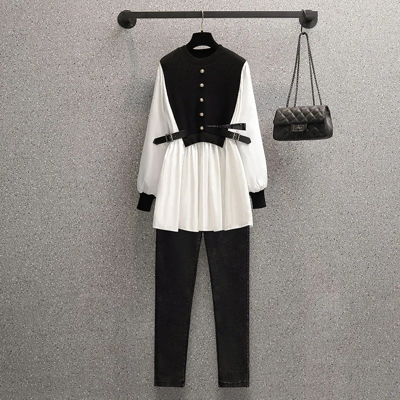 

Office Ladies Elegant Two Pieces Sets Autumn Long Sleeve knitting Patchwork Top And Long Trousers Suits Korean Casual Sets cloth