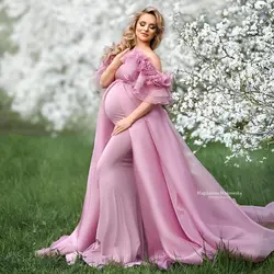 Pink A Line Maternity Robes for Pregnant Women Off Shoulder Ruffles Photography Dresses Sexy Floor Length Baby Shower Gowns