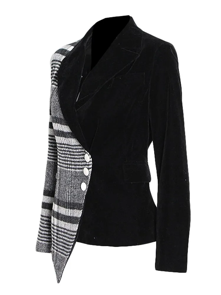 KBQ Colorblock Asymmetrical Hem Jackets For Women Lapel Long Sleeve Spliced Buttons Casual Plaid Tunic Coats Female Clothes New