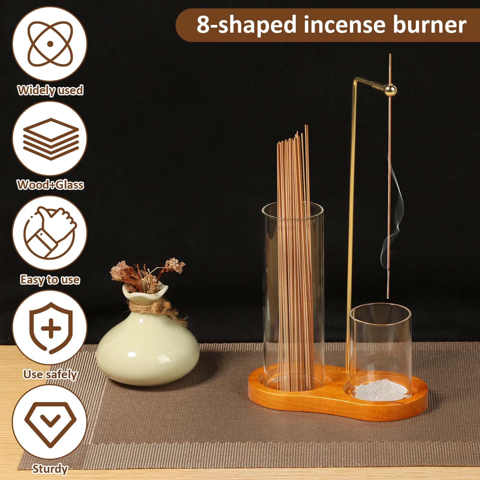2 in1 Incense Holder Wooden Upside Down Incense Holder Anti-Ash Flying Incense Burne with Glass Ash Catcher and Sticks Organizer