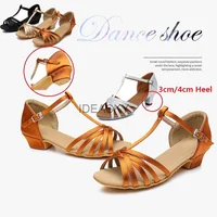 Discount New Wholesale Girls Children Kids Ballroom Tango Salsa Latin Dance Shoes Satin Cuban Low Heel Shoes 4 Colors 1