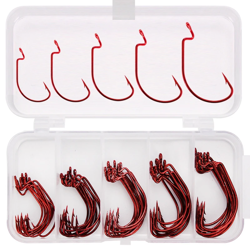50Pcs Fishing Hooks Red Bloody Crank Offset Worm Hook Lure Soft Bait