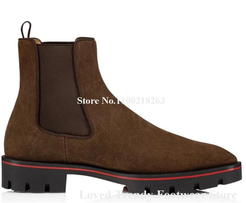 

Western Fashion Men High Top Slip-on Suede Short Boots Designer Round Toe Brown Black Leather Leisure Ankle Booties