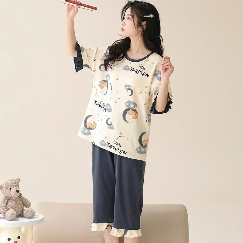 SUKAE Lady Pajamas Set M-5XL Big Size Calf-length O-Neck Sleepwear Women Cotton Vintage Comfortable Casual Pijamas Woman women pajamas set women pajama suit cotton pajamas set