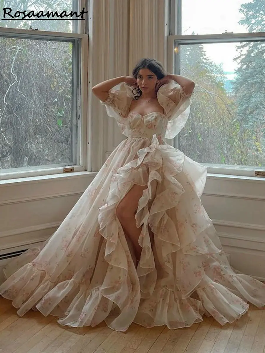 

Champagne Floral Printing High Split A-Line Wedding Dresses Short Sleeve Ruffles Bridal Gowns Robe De Mariée