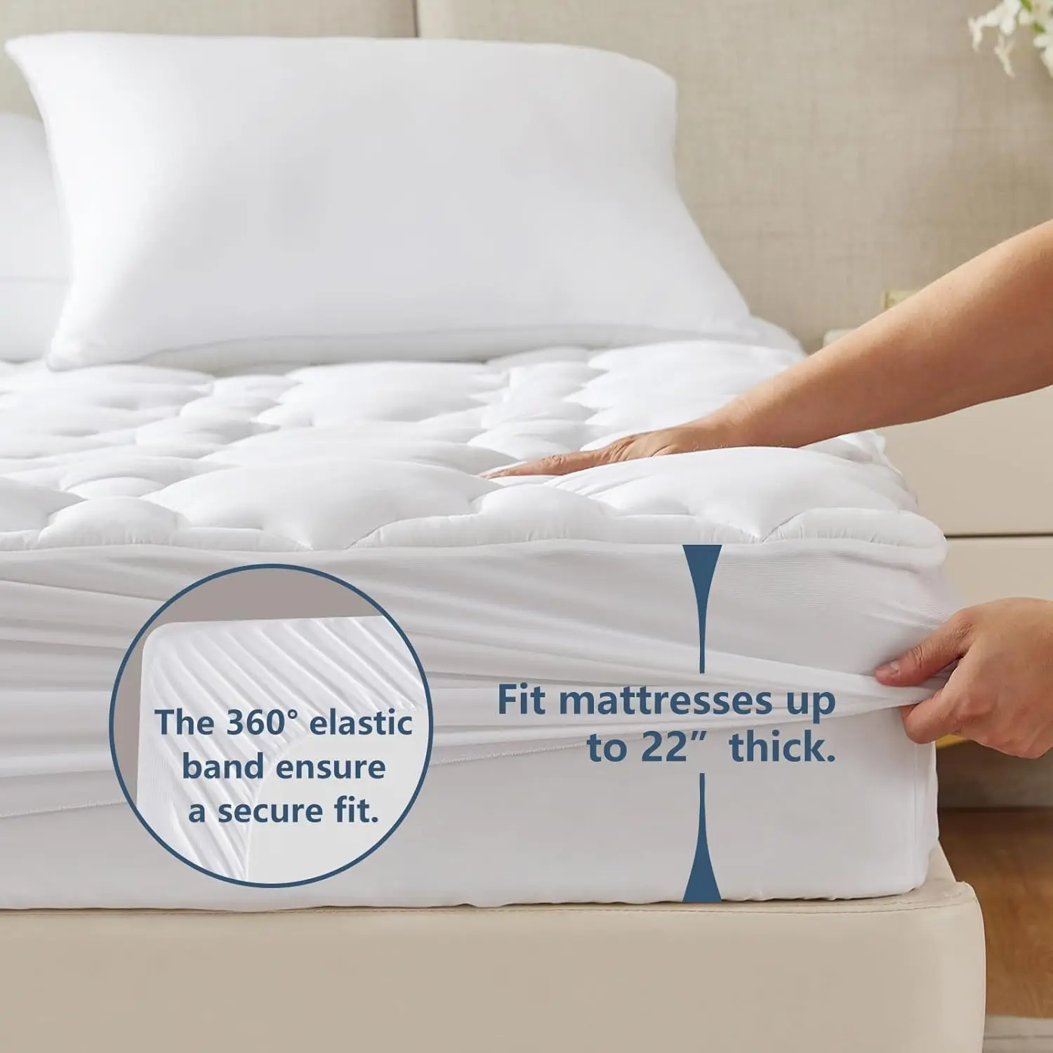 Queen Mattress Pad Cotton Deep Pocket Mattress Cover Non Slip Breathable and Soft Quilted Fitted Topper Up to 18"