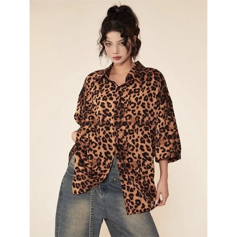 Deeptown Leopard Vintage Shirt Women Animal Print Short Sleeve Blouse Y2k Summer Oversized  Korean Fashion Streetwear Hip Pop