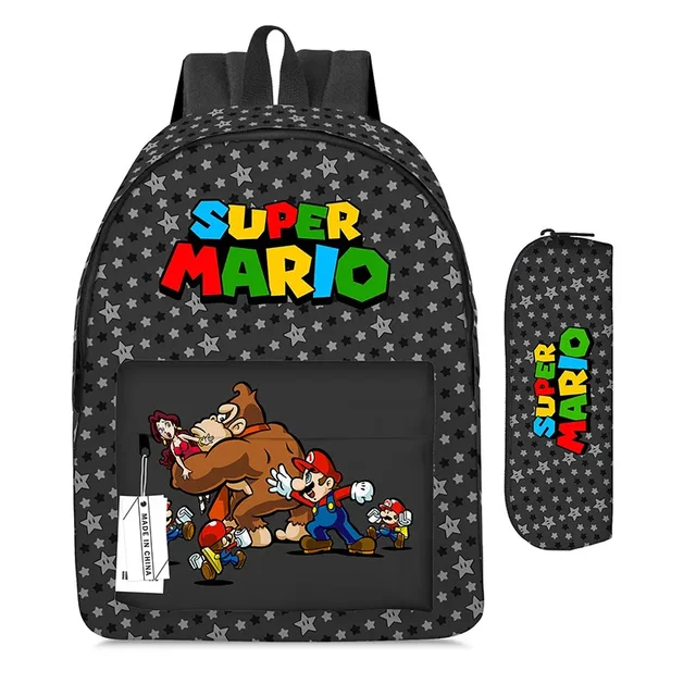 2PC-SET New Backpack Super Mario Mario Shoulder Bag Mario Elementary and Middle School Students School Bag Cartoon Pencil Case