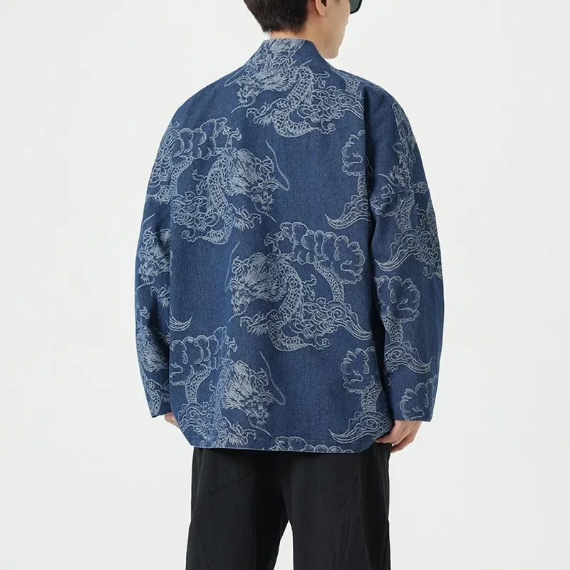 Fashionable Men's Chinese Style Dragon Pattern Denim Tang Suit Casual Leisure Suit Autumn Winter Streetwear