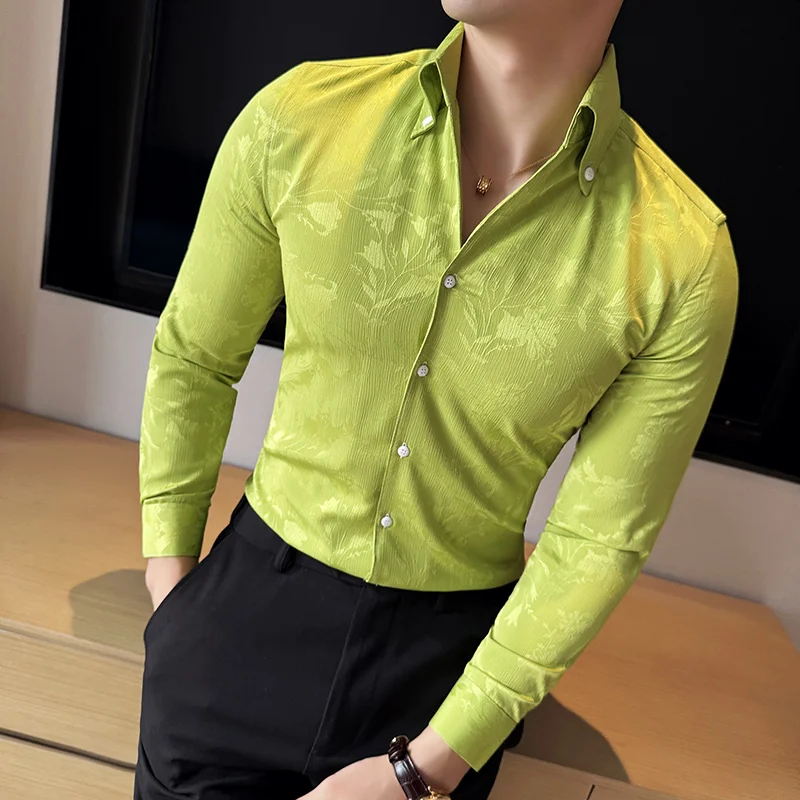 Wedding Shirts for Men Luxury Glossy Turn-Down Neck Long Sleeve Social Blouses Camisa Male Blouse Print Men Clothing Green 2024