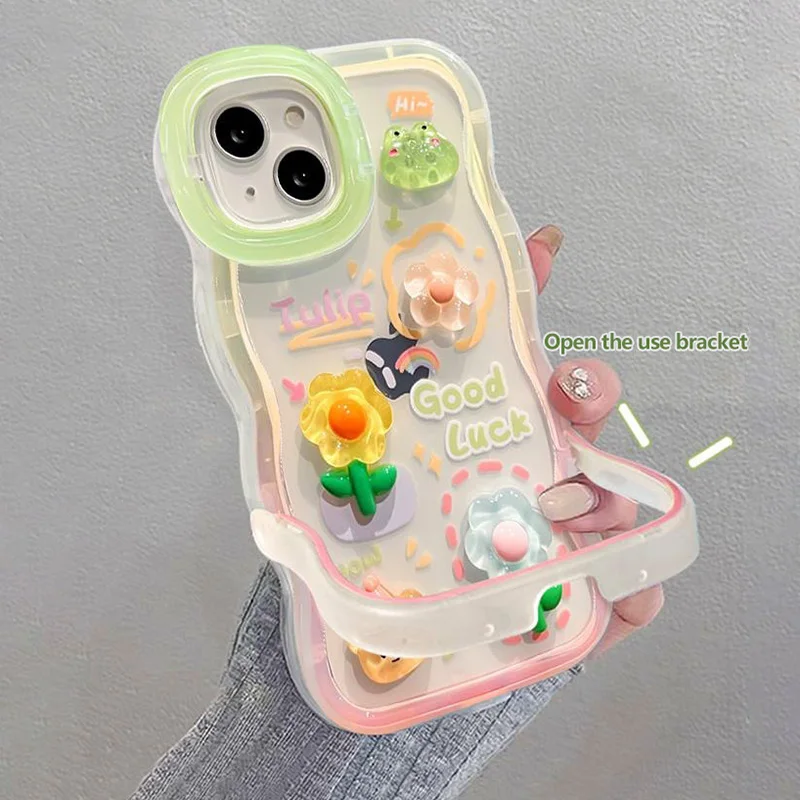 Flower Bracelet Chain Phone Holder Case For iPhone 16 17 15 14 13 12 11 Pro Max XS Max XR 3D Frog Rabbit Bracket Stand Cover 4