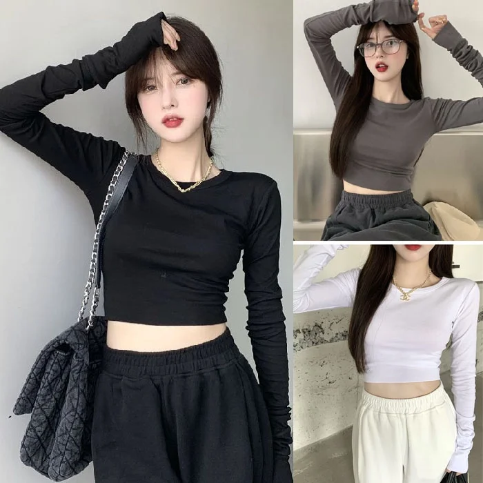 

Women's High waist cropped T-shirt All-match long-sleeved top