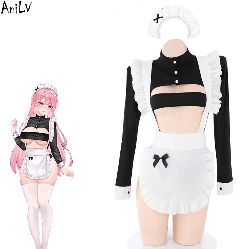 AniLV Anime Coffee Shop Waiter Girl Maid Uniform Costume Women Bodysuit Apron Outfits Cosplay