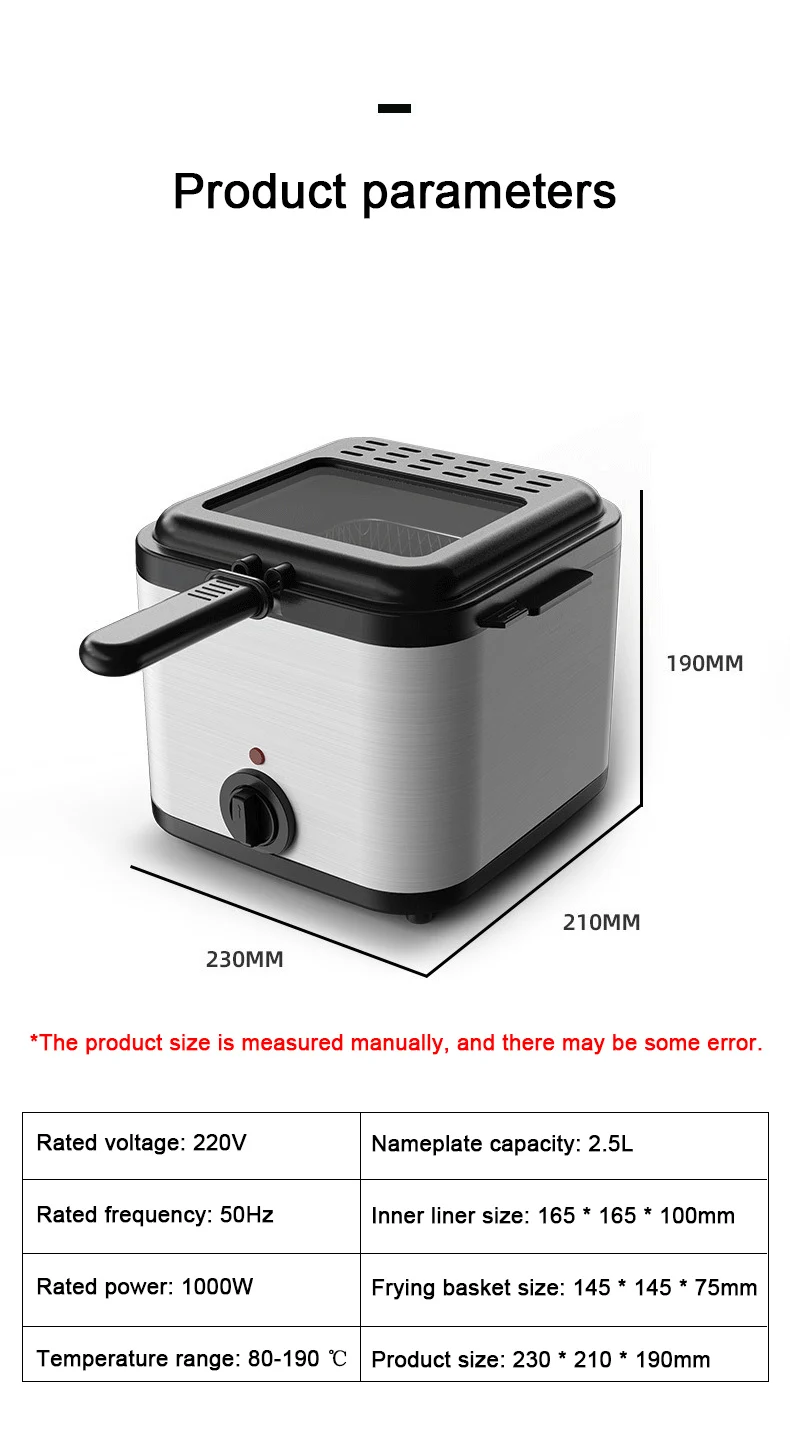 2.5L Electric Deep Fryer Adjustable Thermostat Oil Oven Hotpot Frying Machine Heating Cooker