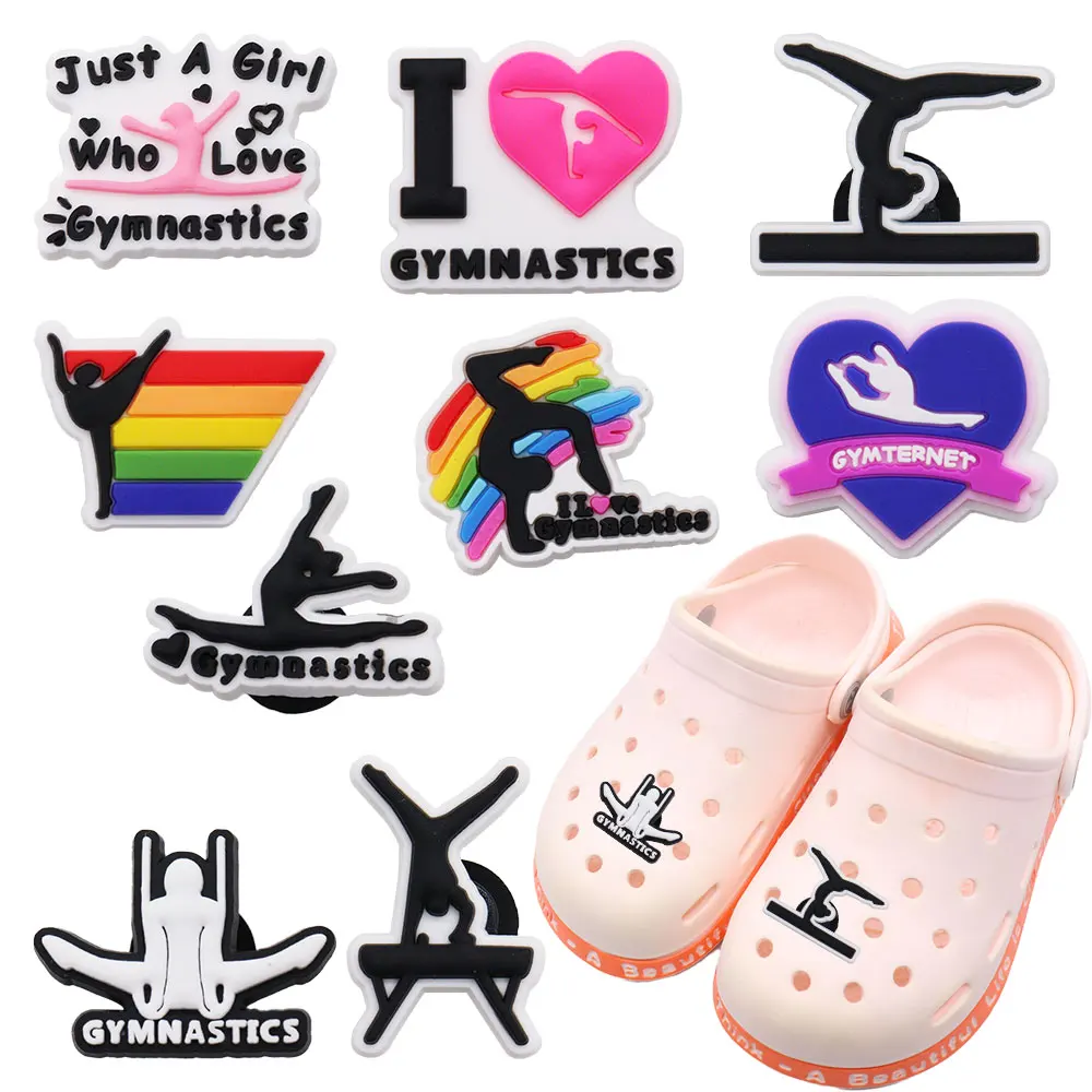 

New Arrival 1pcs Just A Girl Who Love Gymnastics PVC Shoe Charms Fit Wristbands Hole Slipper Decoration Sandals Shoes Clogs Pins