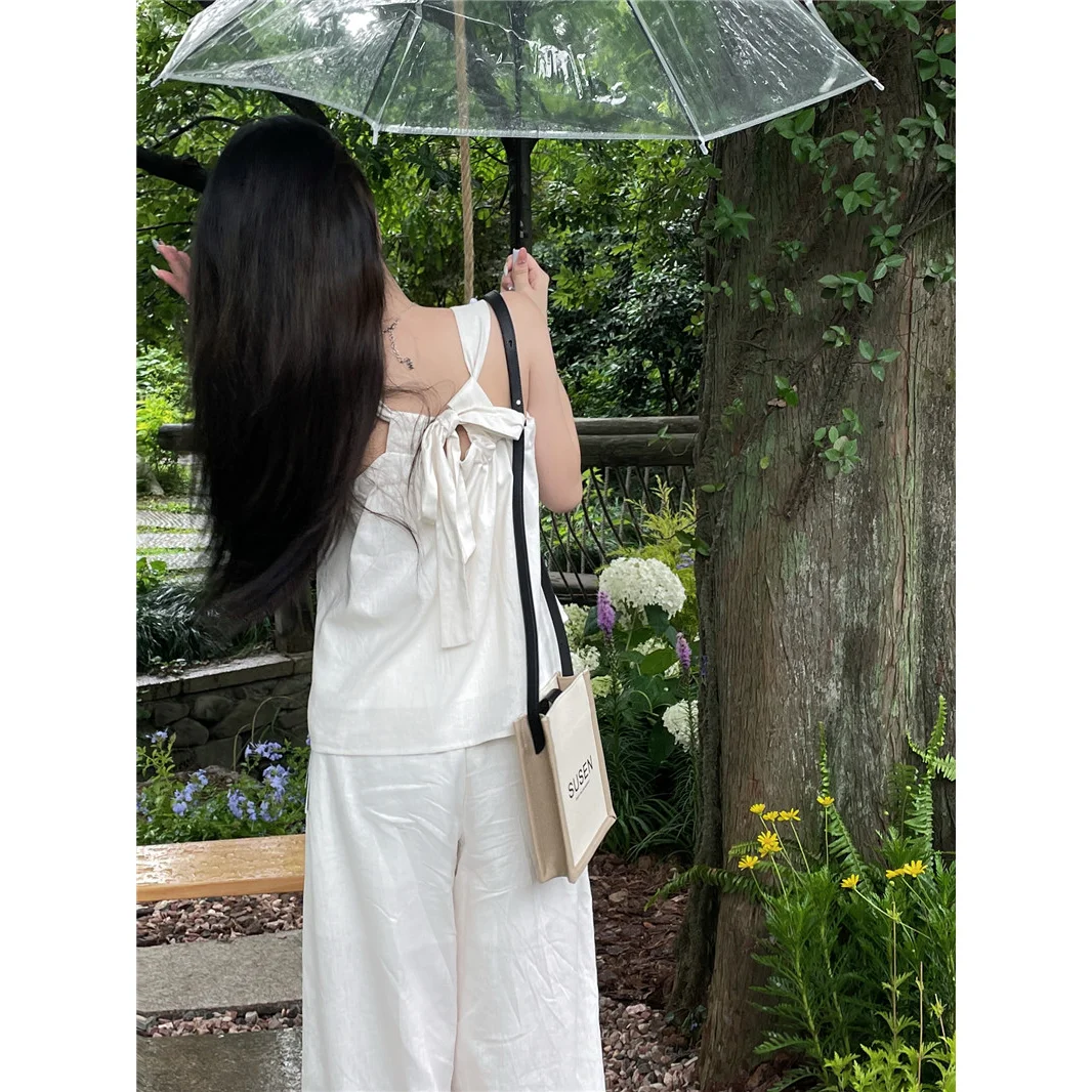 Fashion Set Women's Sleeveless Suspender Top 2024 Summer Korean Straight Leg Wide Leg Pants Temperament Two-piece Set Fashion