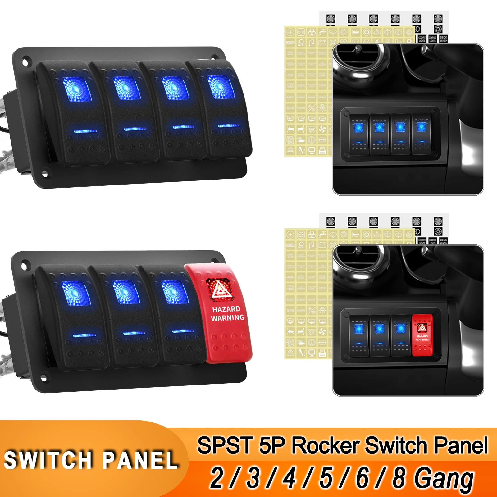 

2 3 4 5 6 8 Gang Marine Blue Led Rocker Switch Panel 5P ON/OFF Aluminum Switch Panel with Red Hazard For Car Marine Boat Truck