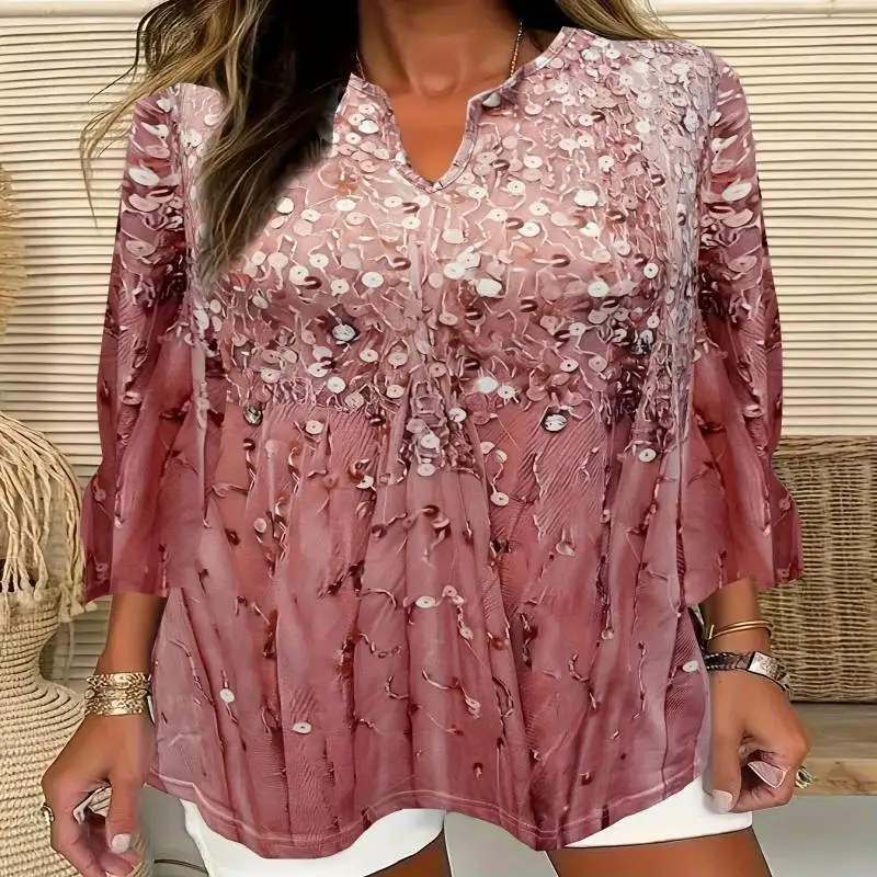 

Plus Size Graphic Print Top, Casual V Neck 3/4 Sleeve Top, Women's Plus Size Clothing