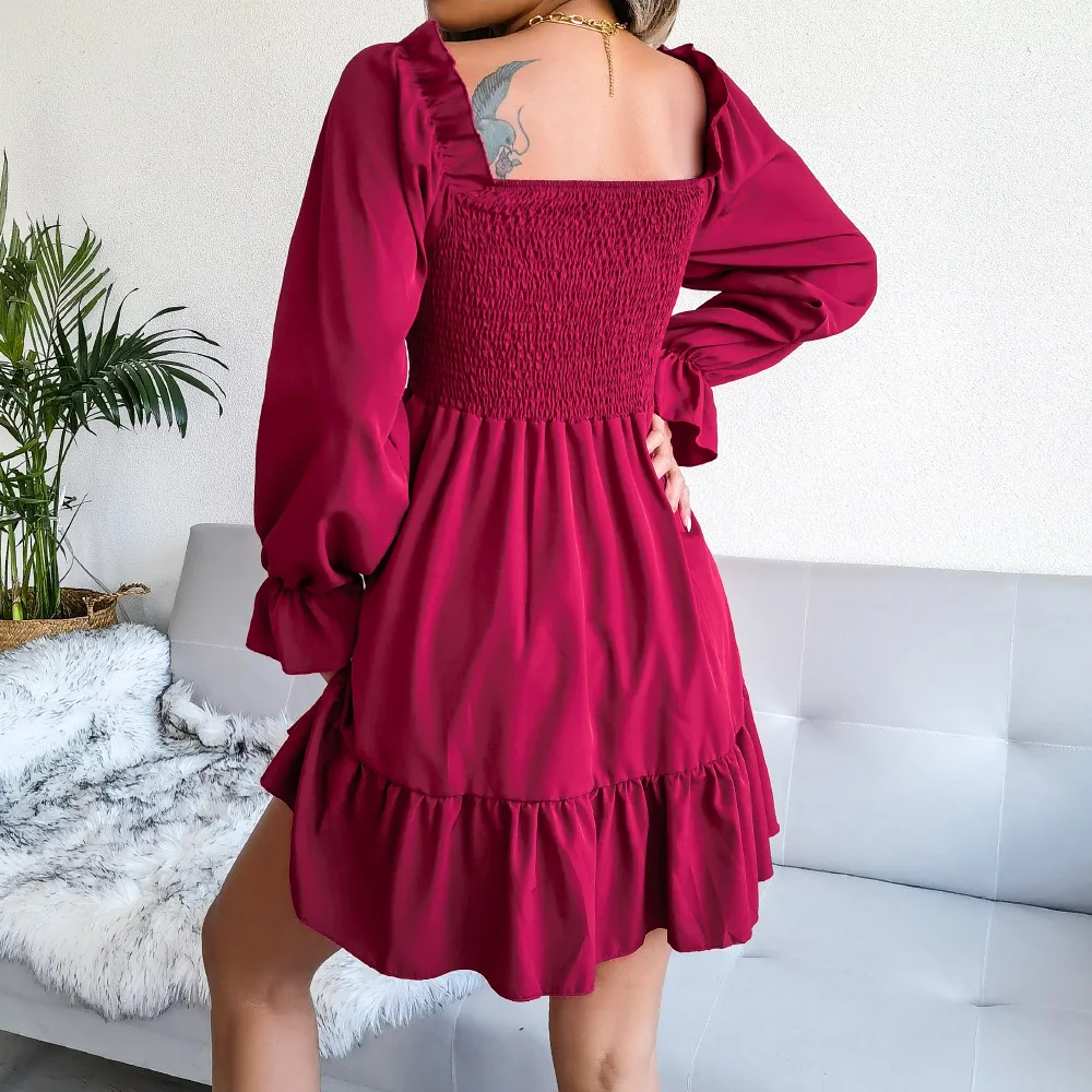 Women Solid Color Flared Long Sleeve Ruffled Dress