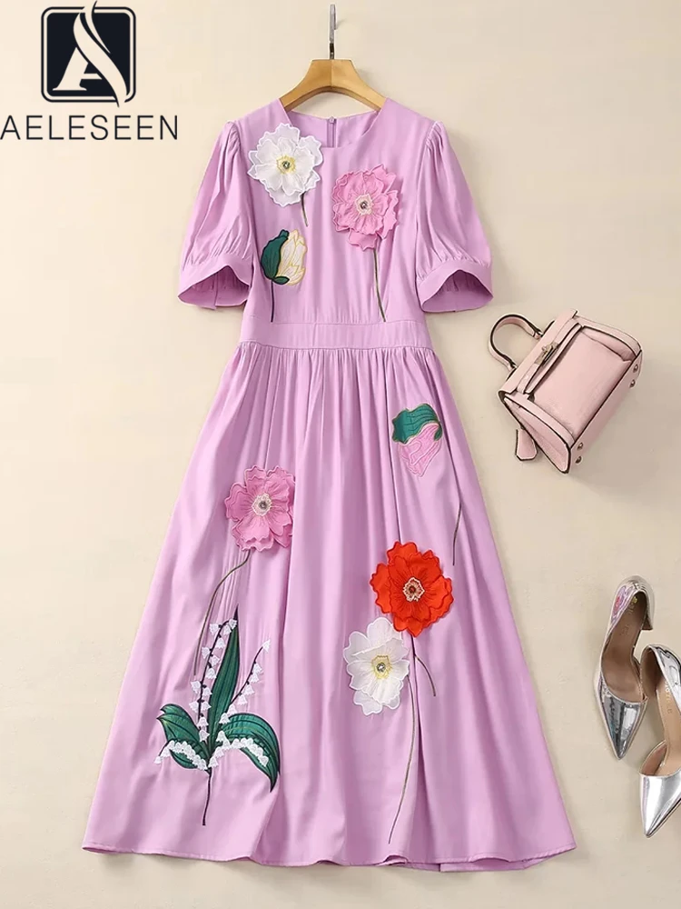 

AELESEEN Runway Fashion Summer Dress Women Purple 3D Flower Embroidery Appliques Luxury High Street Elegant Midi Party Vestidos