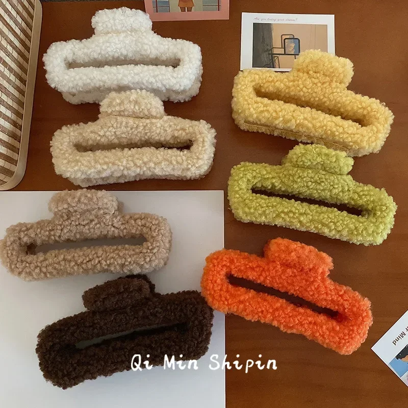

New Colorful Rectangle Lamb Hair Colorful Plush Hairpin Sweet Cute Large Clasp Headwear Hairpin For Women Hair Accessories