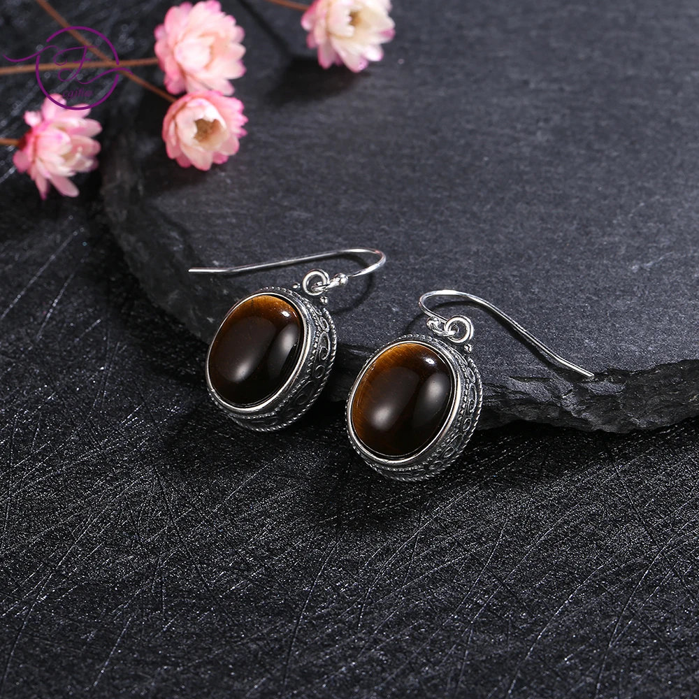 

Retro Silver Temperament Drop Earrings for Women 10X12MM Oval Natural Tiger Eye Fine Jewelry Engagement Anniversary Gift