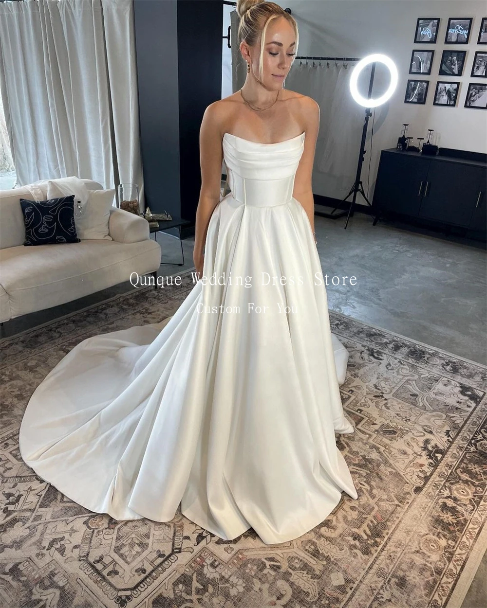 Qunque Strapless Satin Wedding Dress A-Line Boho Pleat Train Bridal Gowns Customized Detachable Long Lace Sleeves Bride Dresses 3
