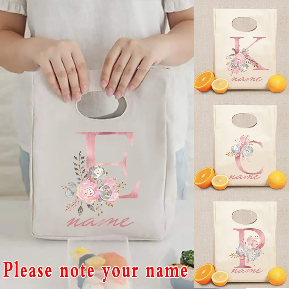 

Thermal Lunch Box Women Handbag Custom Name 26 Pink Letter Insulated Lunch Bags Portable Kids Cooler Bag Picnic Food Bag Tote