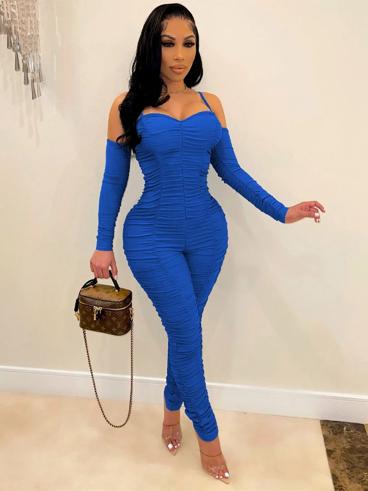 Long Sleeve Sling Jumpsuit women 2023 Autumn Winter Solid Sexy Bra Tight Fitting Clothes Red High Waist Pleated Female Jumpsuit gaovot new o neck long sleeve office lady autumn jumpsuits pleated cut out loose trousers elegant solid color womens rompers