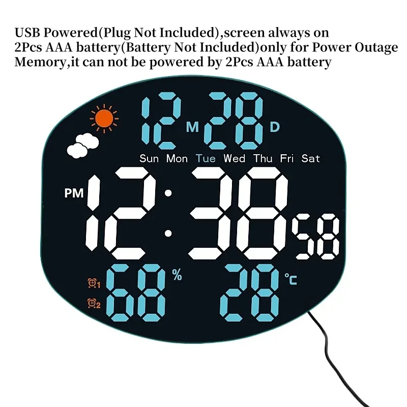 Large Digital Wall Clock Weather Station Forecast TEMP Humidity Date Week Night Mode Table Clock 2 Alarm 12/24H LED Alarm wall clock digital wall clock