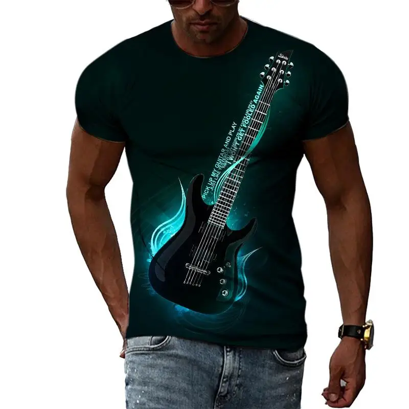 

Summer Fashion Guitar Picture T-Shirts For Men Casual 3D Print Tees Hip Hop Personality Round Neck Short Sleeve Tops