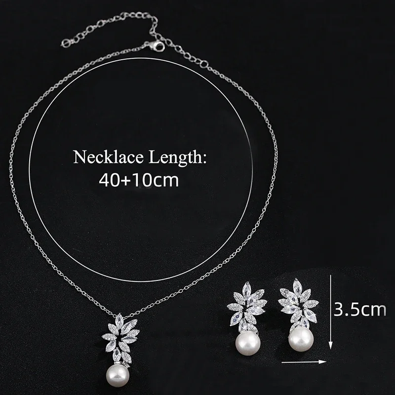 Colore argento di lusso AAA + Cubic Zirconia donna grande collana di perle ciondolo e orecchini set di gioielli regalo