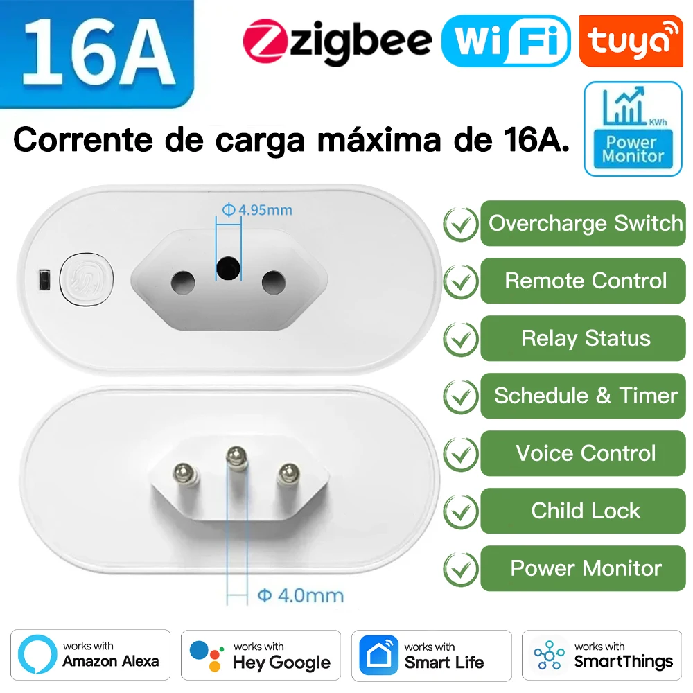 TNCE Tuya Plug Brasil 16/20A WiFi ou Zigbee soquete, tomada adaptadora com monitor de energia, controle remoto do APP Smart Life, voz compatível com Google Home Alexa
