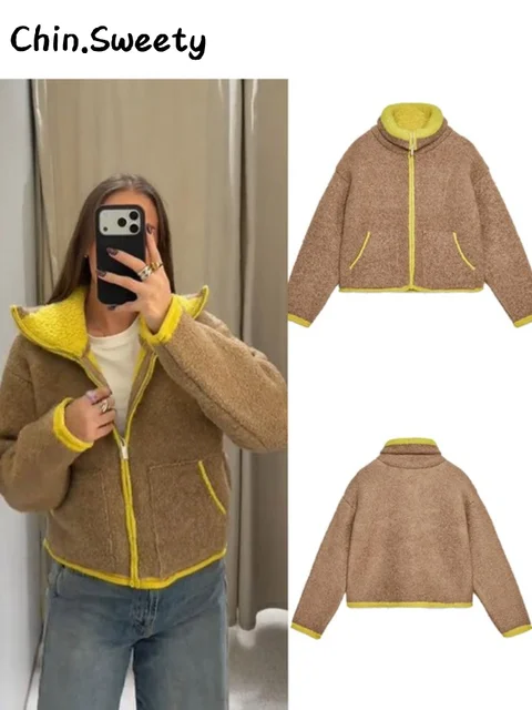 Casual Women's Contrast Color Knitted Coats Stand Collar Full Sleeve Zipper Pockets Jacket 2025 Autumn Winter Lady Warm Outwear 1