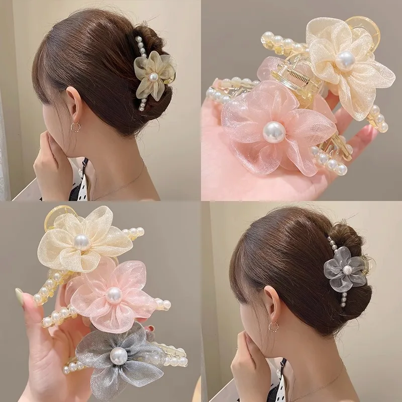 

Women Elegant Pearl Flower Claw Clips Korean Style Cute Shark Clip Girls Long Hair Ponytail Claws Clip Fashion Hair Accessories