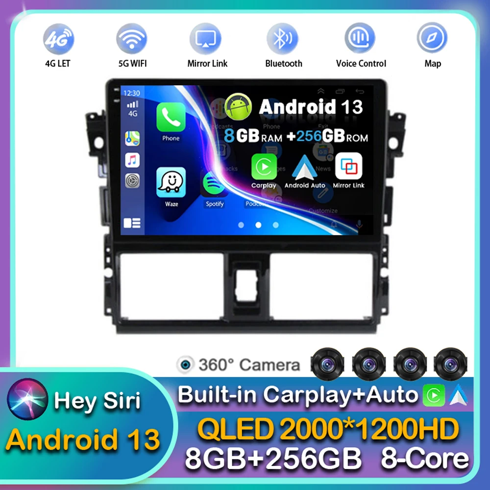 

Android 13 Carplay Auto For Toyota Vios Yaris 2013 2014 2015 2016 Car Radio Multimedia Navigation Player Stereo WIFI+4G 2DIN DSP
