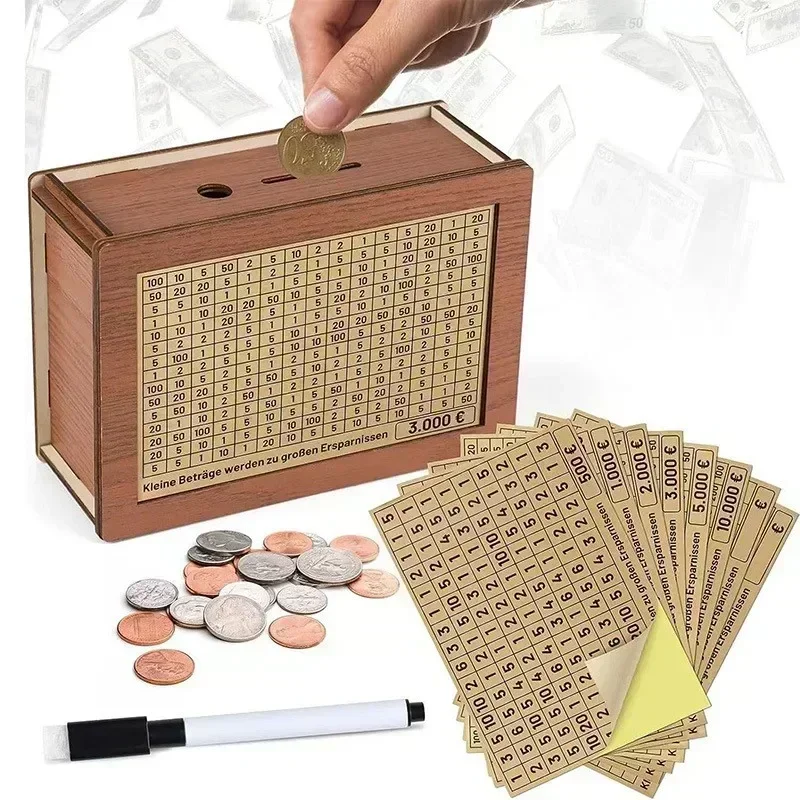 Houten spaarpot van 500/1000/2000/3000/5000/10000 euro, herbruikbare spaarbox met spaardoel en cijfervakjes._voghion.com