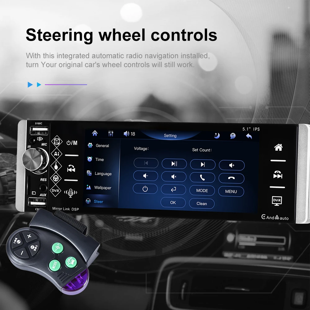 1 Din CarPlay MP5 Player 5.1'' Car Radio Android Auto Stereo Receiver AI Voice MP3 Car Multimedia Player Bluetooth FM RDS