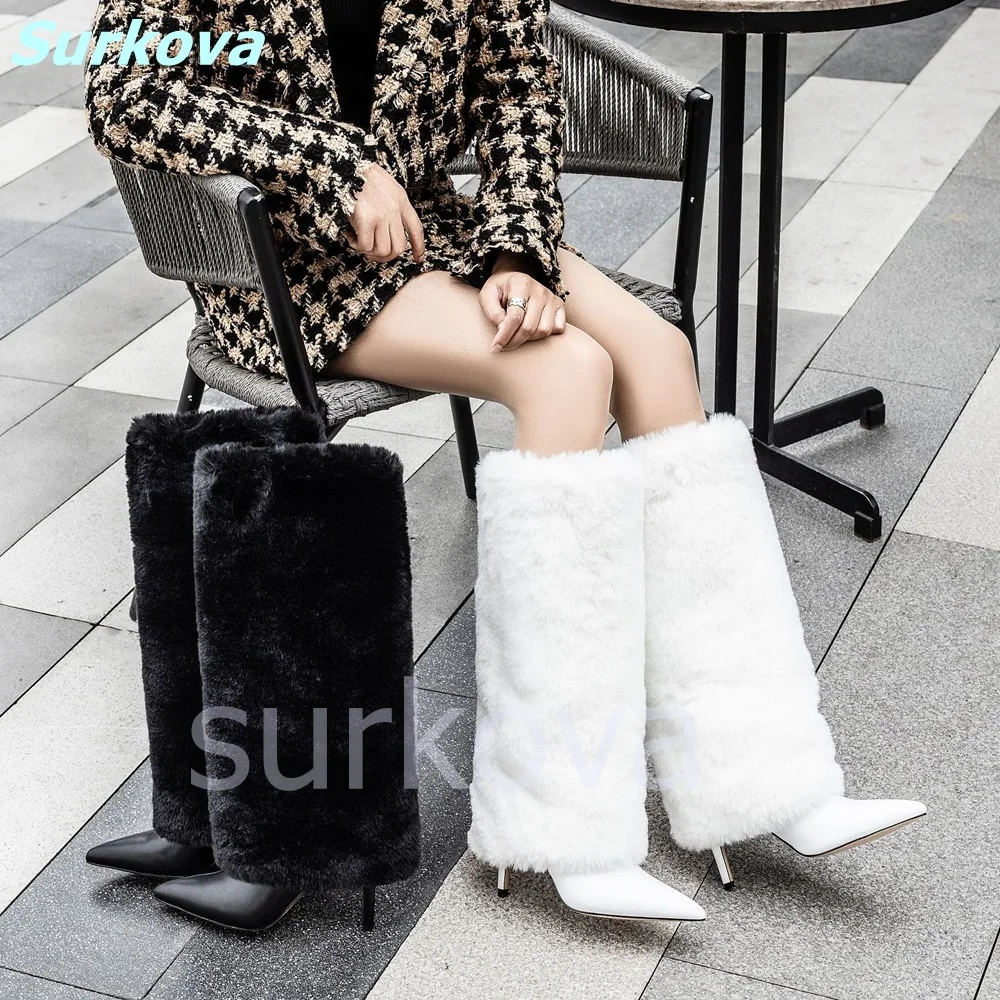 

Mink Sleeve Fur Boots Pointed Toe Thin High Heels Knee High Slip On Boots Newest Fashion Sexy Comfortable Plus Size Women Shoes