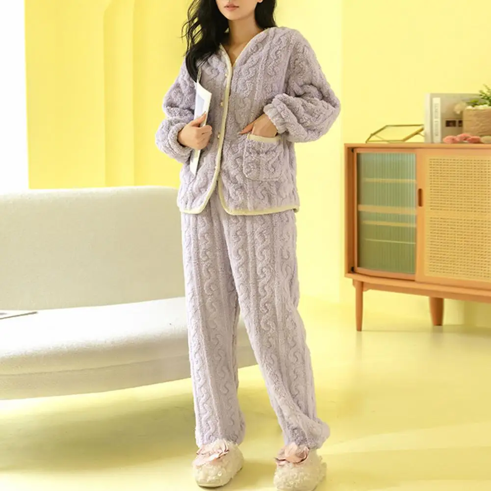 

Women Pajama Set Cozy Winter Pajamas Set for Women Plush V Neck Coat Elastic Waist Pants Color Matching Design for Season