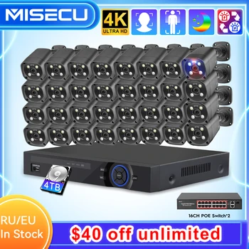 MISECU POE IP 카메라 보안 시스템, 야외 얼굴 감지, 레코드 컬러 비전, CCTV 감시 보호 키트, P2P, 32CH, 4K, 8MP