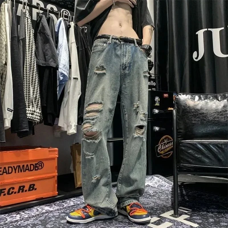 

Man Cowboy Pants Broken Straight Torn Men's Jeans Hip Hop Ripped Trousers with Holes Original Luxury Soft Japanese Street Style