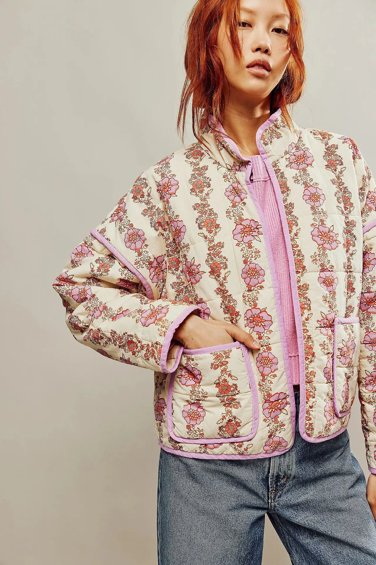 

Fashion Autumn Ladies Vintage Flower Printed Cotton Jacket Women Stand Collar Long Sleeve Short Cardigan Chic High Streetwear