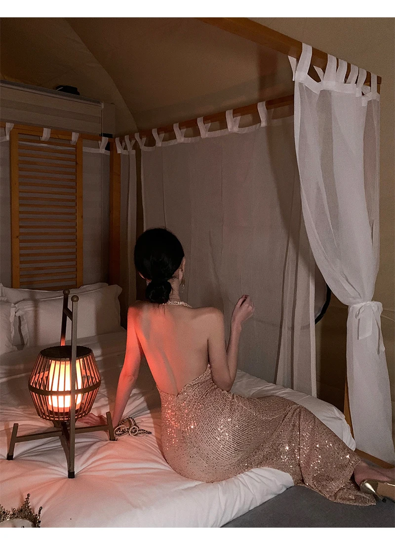 Sexy Bodycon Long Dresses for Women Halter Sleeveless Backless Evening Party Dress Sequined Prom Robe Summer Maxi Vestido Mujer