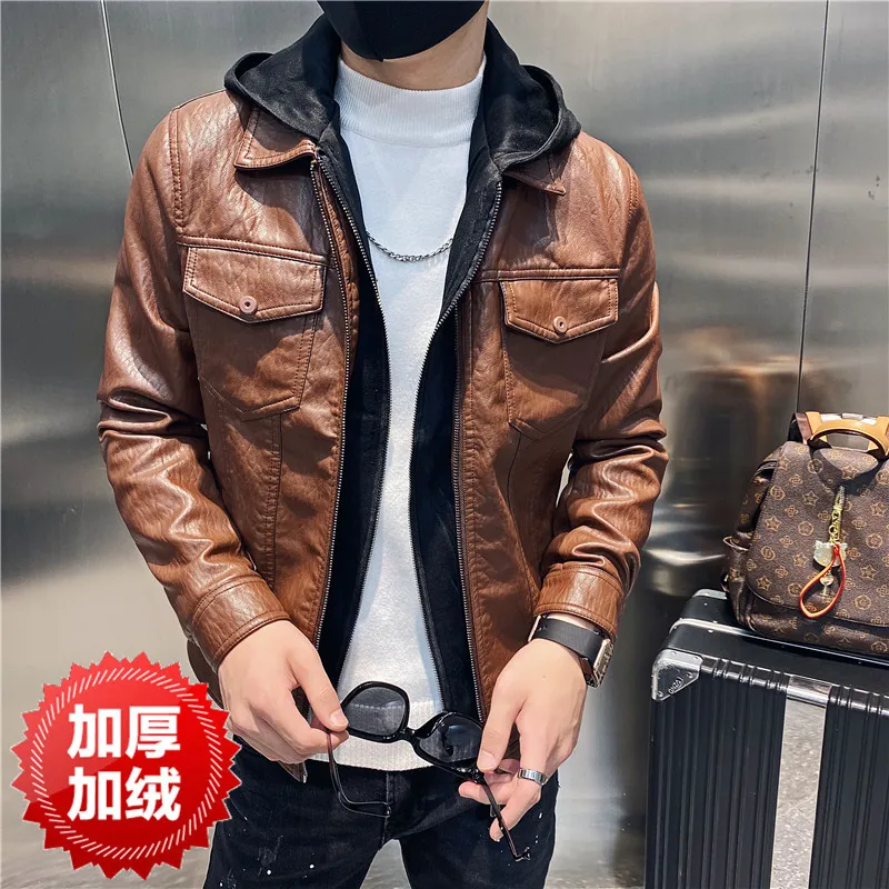2022 New European And American Men's Jacket Motorcycle Leather Jacket Stand Collar Solid Color Men's Washed Leather Jacket 4XL