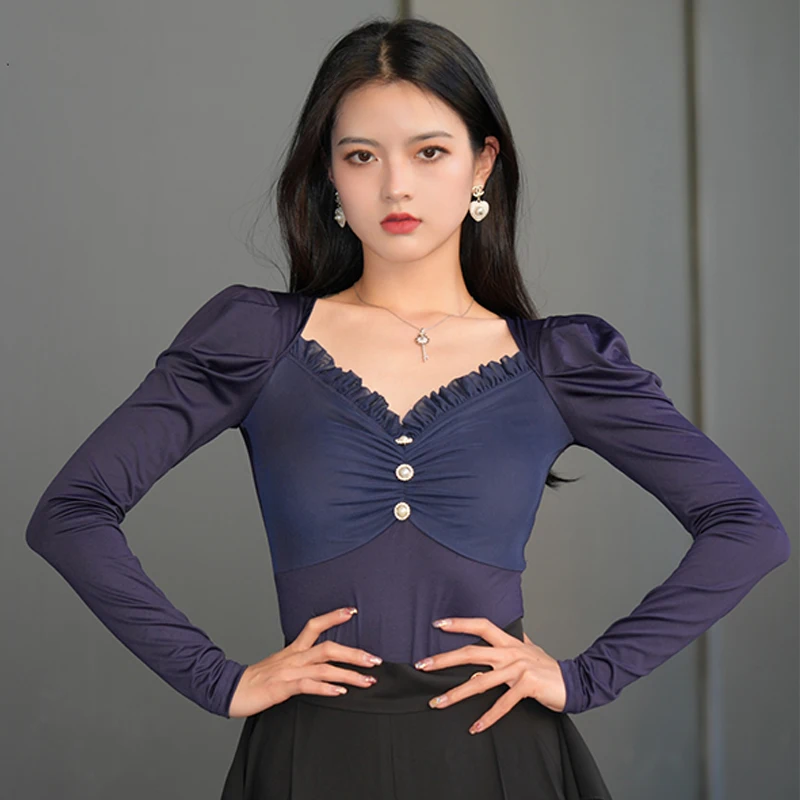 

Long Sleeves Ballroom Dance Tops Latin Dance Practice Clothes Women V Neck Elegant Performance Wear Black Training Tops DNV18091