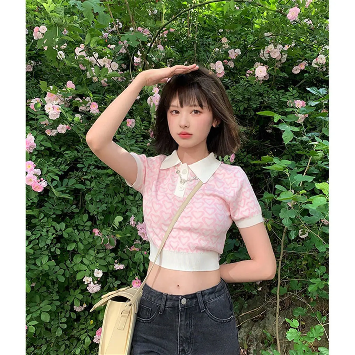 ☆韓国の人気☆【RONRON】☆HOW SWEET LADY CROP T SHIR.T☆ T-Shirts Women Summer Crop Tops Knitting Geometric Sweet