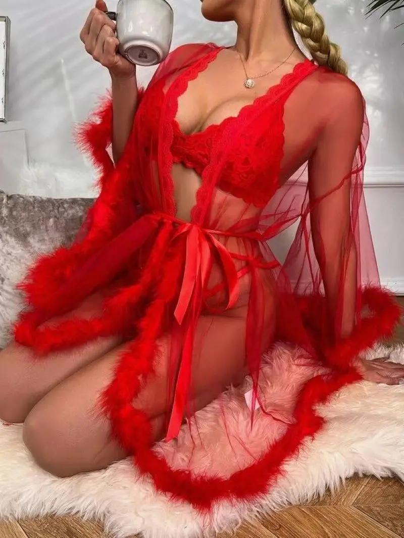 

Contrast Fur Sheer Belted Sleep Robe