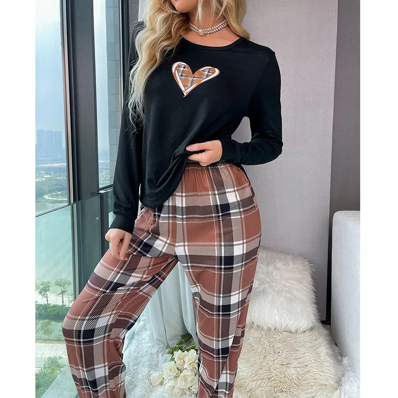 

Long Sleeve Plaid Pants Women's Casual Pajamas Love Home Clothing Two-piece Pajamas Plaid Printing Pants Women's Pajamas